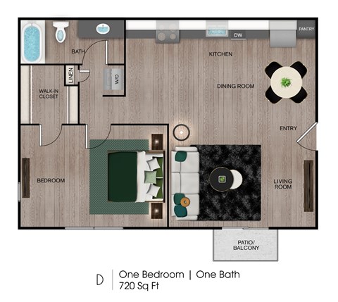 Floor plan for 1 bed, 1 bath, 720 sqft